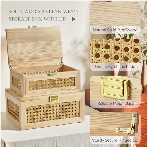 Decorative Rattan Storage Boxes Baskets with Lid Wooden Frame