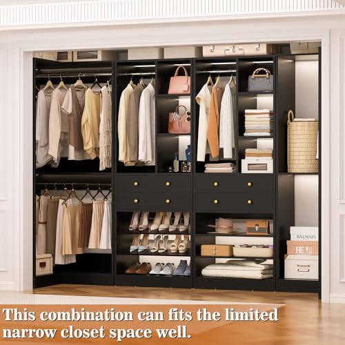 Besiost Closet System with 2 Drawers, 3 Hanging Rods, 59.5" * 31.5" Closet Organizer System with Corner Tower, Reversible L Shaped Walk-in Closet System, Corner Closet System Set of 2, Black