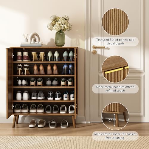 5-Tier Shoe Storage Cabinet with Adjustable Shelves, Natural Oak丨Fluted Shoe Cabinet with Doors, Wooden Freestanding Shoe Organizer Shoe Cabinet for Entryway, Hallway, Living Room