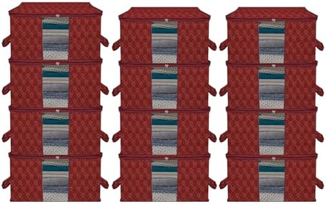 Kuber Industries Pack of 12 Non Woven Underbed Storage Organizer | Storage Bags For Clothes, Blanket | Clothes Storage Bag For with Handle & Visible Window | Golden Printed - Maroon