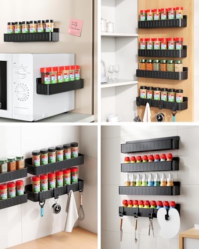 Nieifi Spice Rack Wall Mount, 4 Pack Black, 2" Depth, Screw/Adhesive | Wall-Mounted with Removable Hooks Saves Counter Space, Fits 2" Deep Jars, Ideal for Kitchen Cabinets, Pantry Doors, and RVs