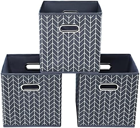 11 Inch Cube Storage Bins , Fabric Cube Organizer Bins with Handle, Foldable Cube Bins for Cloth or Accessary Storage, 11x11x11 Set of 3 (Gray Wave)