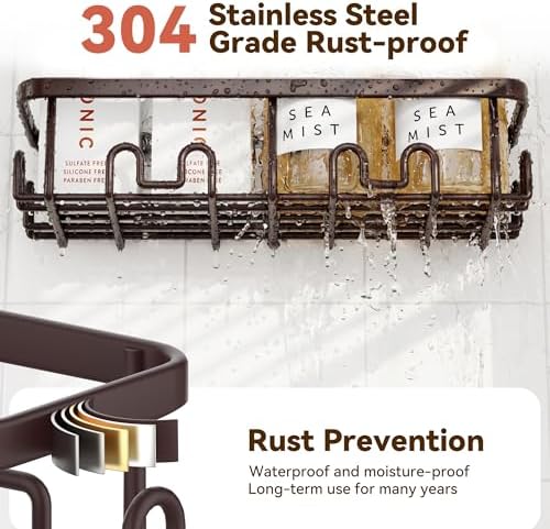 YASONIC Shower Caddy Adhesive, Rustproof Shower Organizer, Wall Shower Rack | Large Capacity Shower Shelves for Inside Shower, Shampoo Shower Holder, Bronze, 2 Caddies, 2 Soap Dishes, 1 Toothbrush Holder