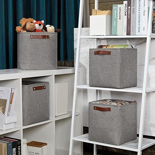 DULLEMELO 11 inch Cube Stroage Bins 4 Pack Small Grey Square Storage Baskets Cube Organizer, Linen Closet Organizers and Storage Baskets for Shelves Bedroom Storage