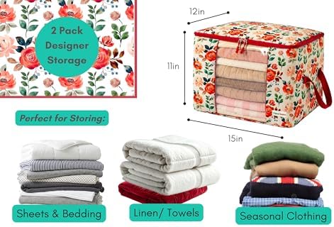 Chaos Cleared Canvas Storage Bags Designer Organizer 2 Pack – Seasonal Storage for Sweaters, Blankets, Linens & Garments – Foldable Design with Zip & Window (Red Floral Print)