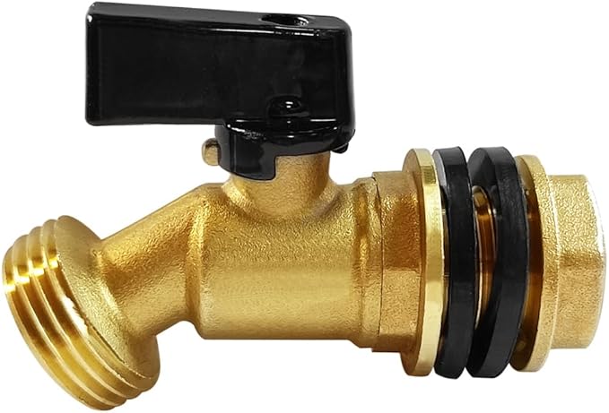 Uenede Brass Water Container Rain Barrel Faucets Spigot 3/4" G Male Thread Large Inlet to 3/4" GHT Male Thread Outlet with Quarter Turn Ball Valve Include Bulkhead Fitting and Washers