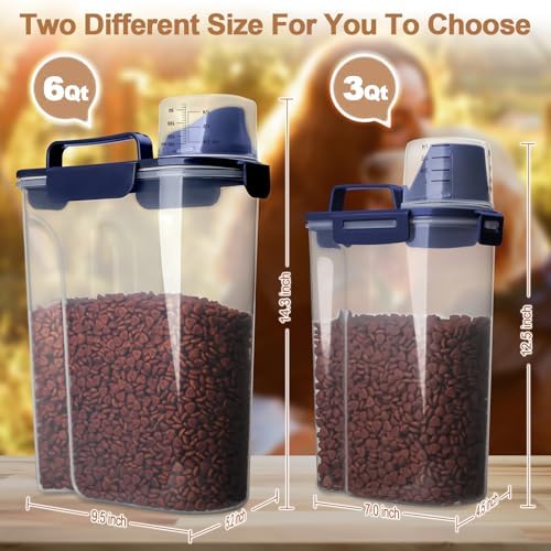 TIOVERY Dog Food Storage Container, 5-7 Lbs Airtight Pet Food Container, Cat food Container Dispenser with Portable Handle, Pouring Spout and a Collapsible bowl for Dogs Cats Navy Blue/6Qt