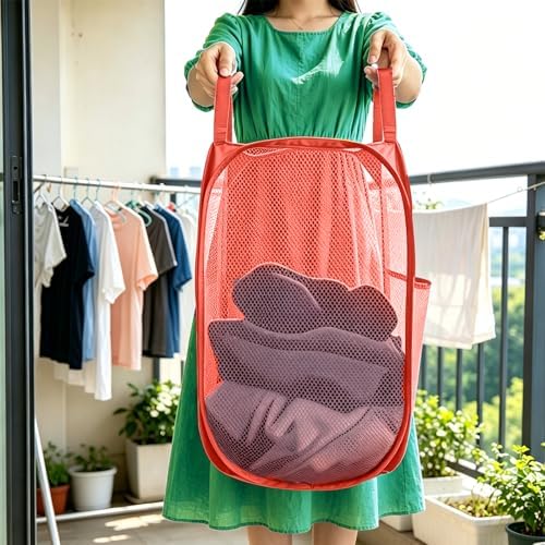 Larpur Popup Mesh Laundry Basket, Collapsible and Portable Clothes Washing Laundry Hamper with Reinforced Carry Handle (Red)