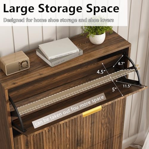 48" H Fluted Shoe Storage Cabinet with 3 Flip Drawers for Entryway, Walnut ☞Hidden Shoe Cabinet Storage, Narrow Free Standing Shoe Organizer, Shoe Rack Cabinet for Foyer Hallway