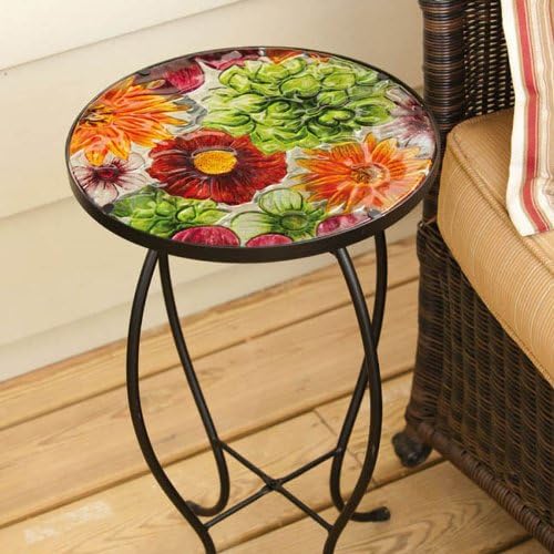 Evergreen Garden Outdoor-Safe Round Summer Splash Glass and Metal Side Table - 12" L x 12" W x 22" Indoor Outdoor Side Tables for Your Patio, Lawn, Garden or Home Décor