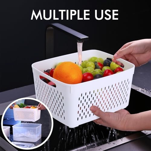 HOTEC 5-Pack Large Fruit Storage Container for Fridge Leak proof with Removable Colander, BPA Free Dishwasher & microwave safe Largest 4.15L