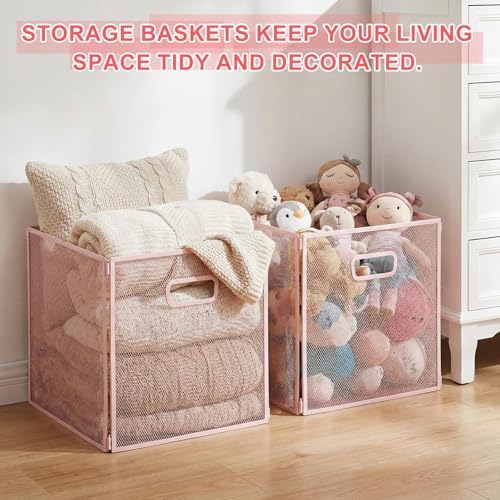 Funnymoom 2 Pcs Pink Foldable Metal Wire Basket with Handles 13 x 13 Inch