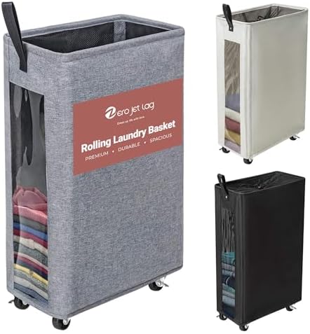 25 Inches Slim Laundry Storage Hamper - Large Rolling Clothes Hamper - Rolling Storage Bin - Tall Corner Basket - Clear Window Visible - Dirty Laundry Bin - Heather Gray