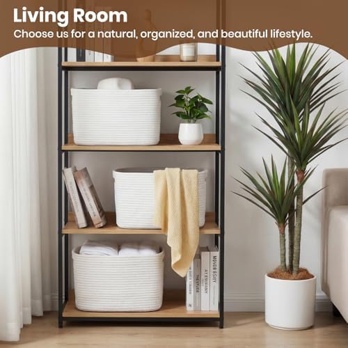 Storage Baskets for Organizing, 14 x 10 x 9” Closet Shelf Woven Baskets, Square Bins with Handles, Cotton Rope Basket for Clothes, Office, Room, White 4 Pack