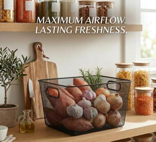 YBM Home Wire Mesh Kitchen Storage Basket Organizer for Organizing Household Pantry and Kitchen Cabinets - Multipurpose Wire Storage Baskets for Home, Dorm Room, Garage, Black