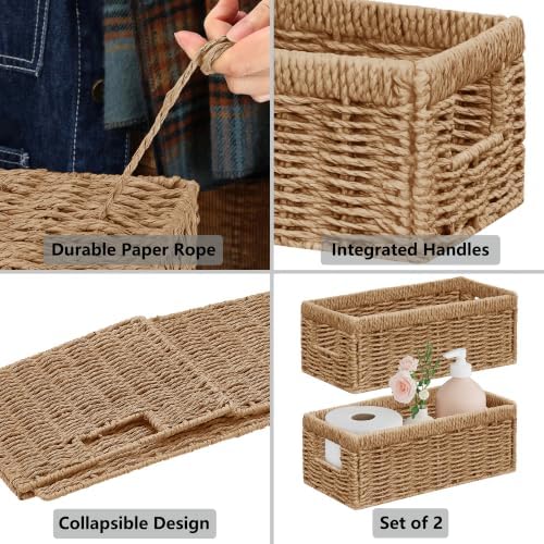 Vagusicc Wicker Storage Basket, Set of 2 Hand Woven Wicker Baskets for Organizing with Handles, Decorative Small Storage Bins for Countertop Toilet Paper Basket for Toilet Tank Top, Shelves, Natural