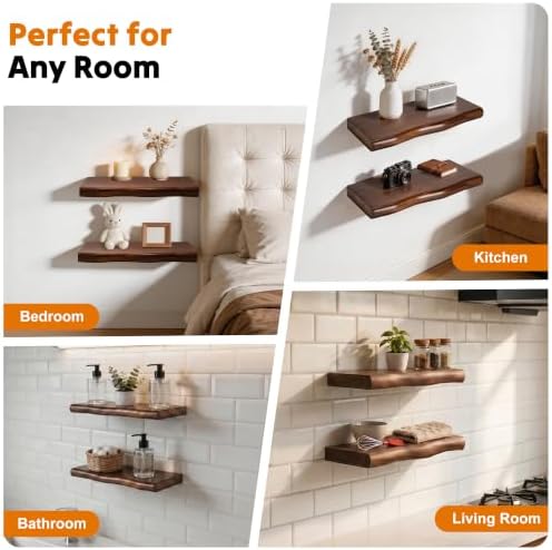 Walnut Finish Floating Shelves,Hidden Brackets,2-Pack,16 Inches Each
