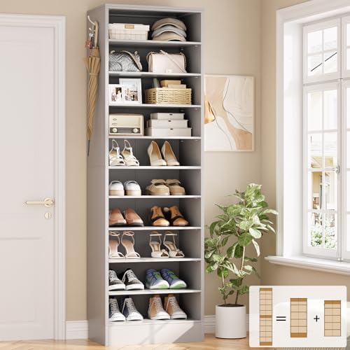 Aheaplus 10 Tiers Narrow Wood Shoe Rack, Tall Shoe Storage Cabinet, Grey