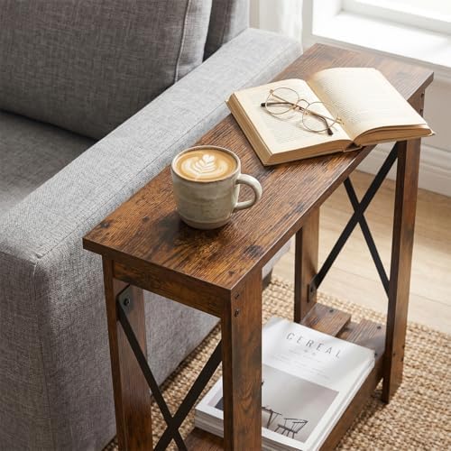 Slim Side Table, 6.6 Inch Ultra Narrow End Table, Rustic Brown
