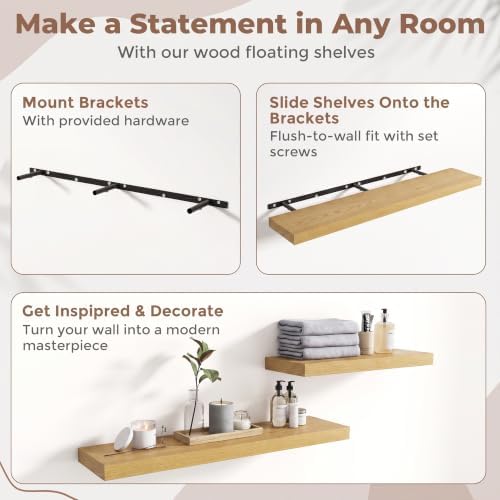 72 Inch Floating Shelves for Wall 2 Pack, 8"D Wood Grain Bathroom Shelves | Invisible Brackets, Oak Finish, Easy Install | Engineered Wood Storage Shelves for Kitchen, Study, Bedroom