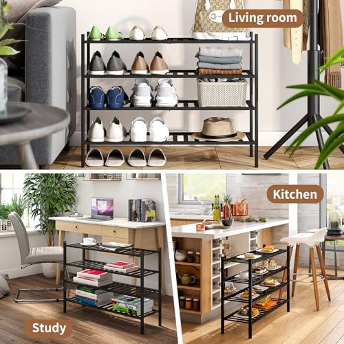 Bamboo Shoe Rack Stackable Shoe Shelf Storage Organizer for Unit Entryway Hallway and Closet Sturdy Freestanding Shoe Shelf (4L Tier Black)