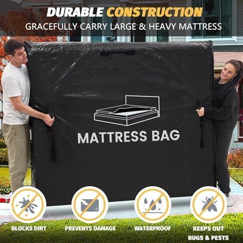 Mattress Bags for Moving and Storage, BETU Full Size Waterproof Mattress Protector Mattress Cover with 8 Heavy Duty Handles and Zipper Extra Thick Moving Supplies for Bed Reusable (77x57x13.5 Black)