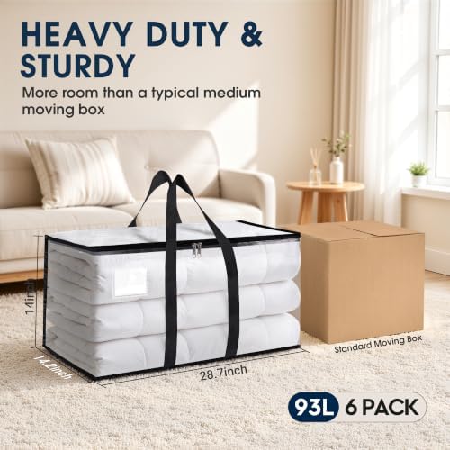 HomeHacks Moving Bags, Heavy Duty Storage Bags for Clothes, 6 Pack 93L