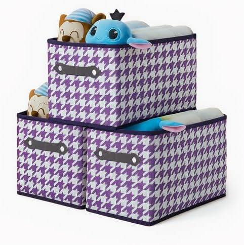 3 Pack Large Collapsible Storage Baskets for Shelves,14.9"x9.5" Fabric Closet storage Boxes with Leather Handles,Decorative Organizers Storage Bins for Clothes,Sheets,Books,(Purple Houndstooth