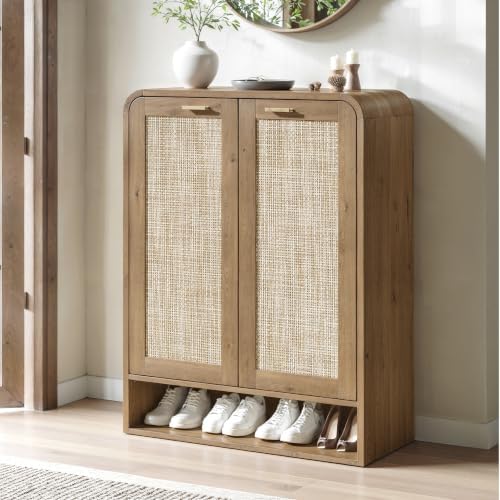 Evermagin 41 Inch Rattan Shoe Storage Cabinet Holds 24 Pairs, Caramel Oak