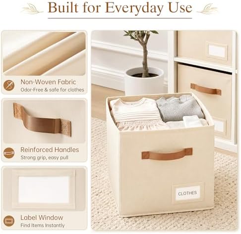 Storage Cubes 10 Pack, 11 Inch Fabric Storage Cubes Organizer Bins with Labels, Odor-Free & Sturdy PP Structure, Cubby Baskets for Closet, Shelves, Toys & Nursery (Beige)