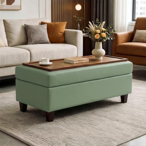 GENTEACO 45" Ottoman Coffee Table with Storage, Reversible Wooden Tray Top, Large Leather Upholstered Ottoman, Hidden Storage Foot Rest Bench for Living Room, Bedroom, Entryway,Green