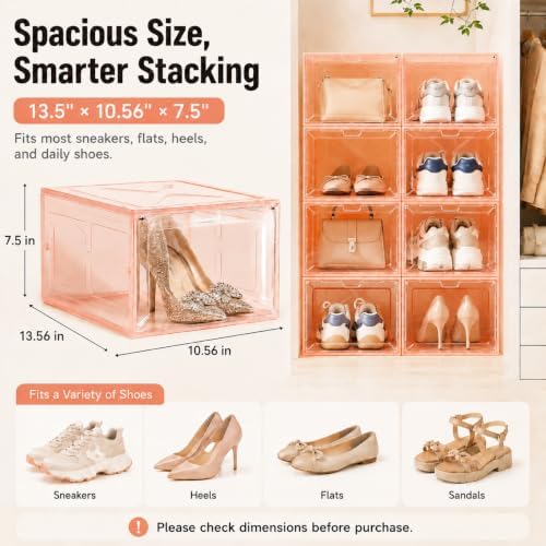 Translucent Pink Shoe Storage Boxes, 2026 2nd Gen Thickened Hard Plastic Stackable Organizer with Magnetic Door, Folding Shoe Racks for Closet, Decorative Sneaker Display Cases, 6 Pack