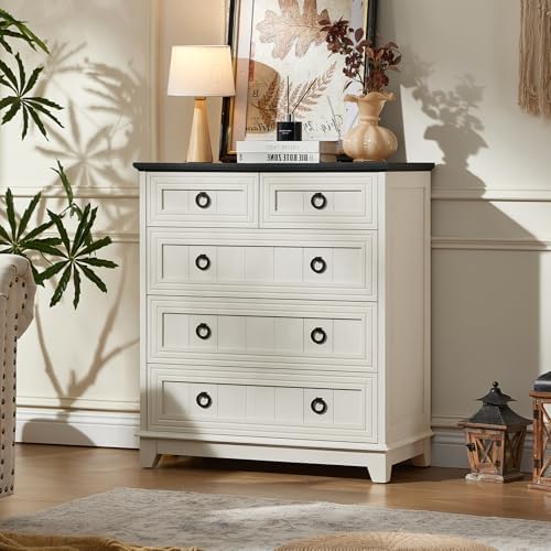 Joaxswe Farmhouse 5 Drawer Dresser for Bedroom, 33.2" Tall Chest of Drawers | Rustic Wood Dresser with Metal Handle, Storage Organizer Closet for Living Room, Hallway, Entryway, White