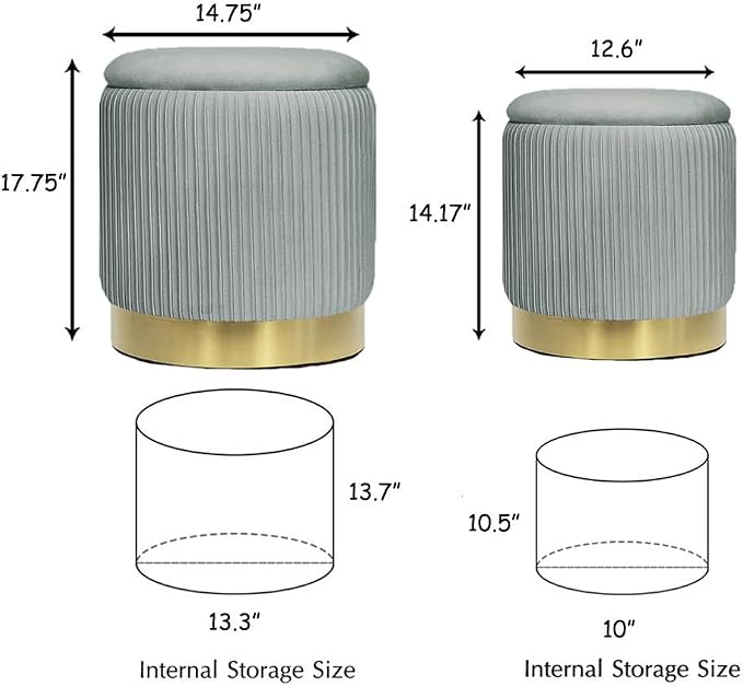 Round Ottoman with Storage Set of 2 Light Grey Velvet Vanity Stool