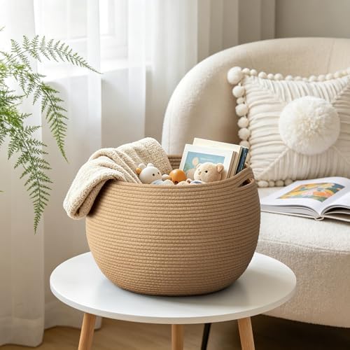 Goodpick Large Toy Storage Basket for Kids, Round, 15.7" x 10.5", Camel | Woven Rope Basket with Handles, Holds Blankets, Toys & Baby Shower, Decorative Basket for Living Room & Bedroom Décor