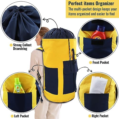 JOINPRO Laundry Bag Backpack, 125L Extra Large Laundry Backpack with Shoulder Straps, Adjustable Extendable Laundry Hamper Bag with 3 Pockets for College, Travel, Camping (Yellow)