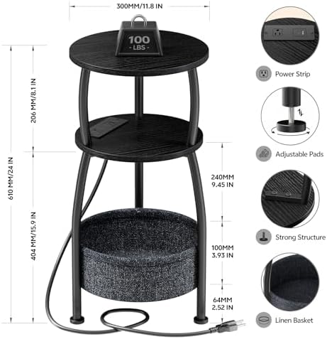 Side Table with Charging Station, Small Round End Table with Basket | Small Coffee Table with USB Type-C Port, 3-Tier Bedside Corner Table Stand for Living Room, Bedroom, Garden 11.8in Black