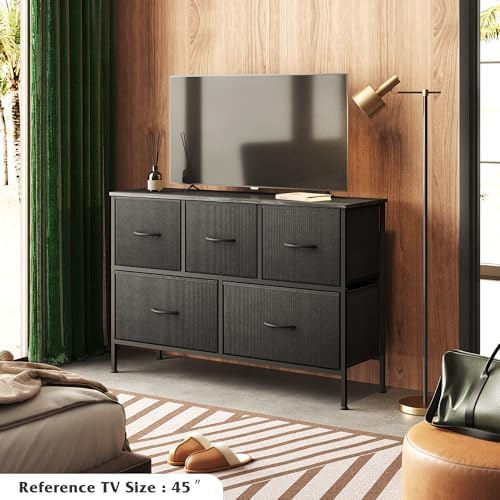 WLIVE 5 Drawer Dresser for Bedroom, Wide Chest of Drawers, Charcoal Black