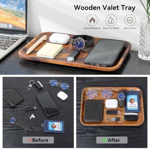 Serving Acacia Wood Valet Tray for Men Women, Catch All Acacia Mens Key Dump Bedside Nightstand Organizer EDC Decorative Wooden Tray for Phone Watch Wallet Keys Jewelry