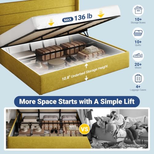 Allewie King Size Lift Up Hydraulic Storage Bed Frame Olive Yellow