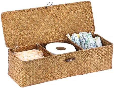 Sumnacon Extended Seagrass Storage Basket with Lid 3-Section Wicker Storage Basket,Small Woven Shelf Basket for Toiletries Tampon Storage,Seagrass Basket for Shelf Bathroom Toilet Counter,Caramel