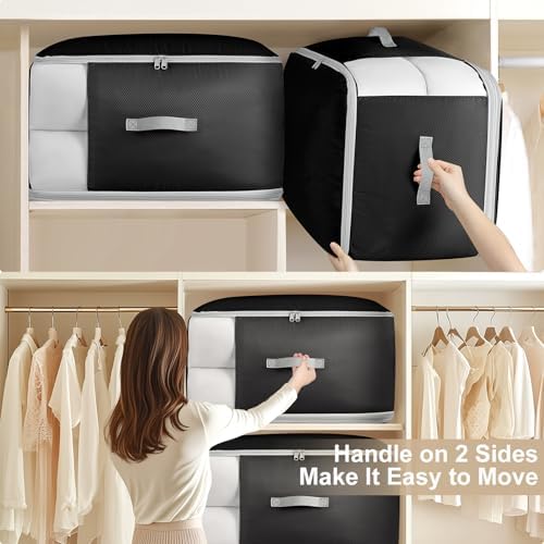 Comforter Storage Bag - Large Capacity Blanket Storage Bags 3-Layer Ultra Space Saving Self Compression Organizer, Washable Bedding Storage Comforter Blanket, 4 Pack, Black