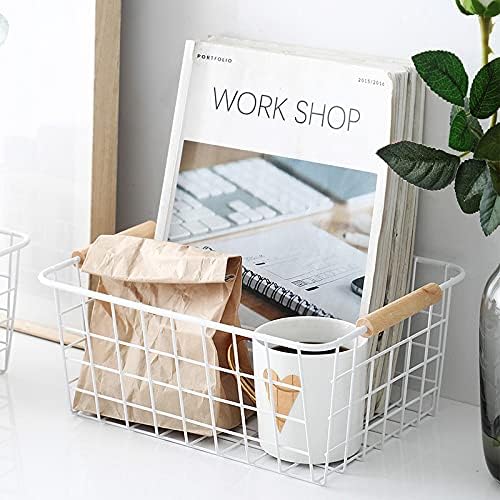 Kitchen Wire Baskets Farmhouse Decor Metal Food Storage Organizer,Household Refrigerator Bin with Built-in Handles for Cabinets, Pantry, Bathroom,2 Packs(white)