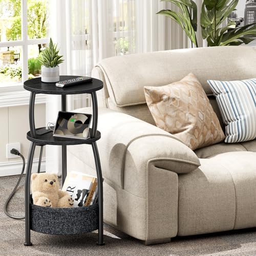 Side Table with Charging Station, Small Round End Table with Basket | Small Coffee Table with USB Type-C Port, 3-Tier Bedside Corner Table Stand for Living Room, Bedroom, Garden 11.8in Black