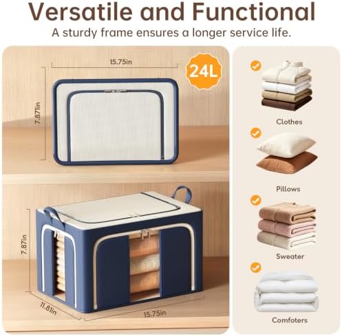 3 Openings Clothes Storage Bins with Metal Frame，24L (navy blue)