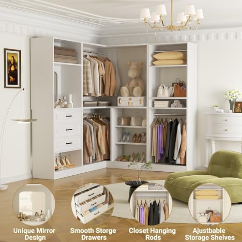 Unikito 86" Corner Closet System Organizer with Drawers & Mirror, White