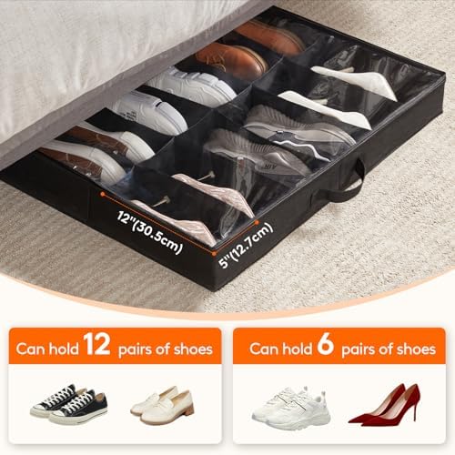 Lifewit Under Bed Shoe Storage Organizer 1 Pack(12 Shoes Cells), 4.3 Inches Profile Fabric Shoes Container Box with Clear Cover, Foldable Storage Bag with 2 Handles, Fits 6 to 12 Pairs