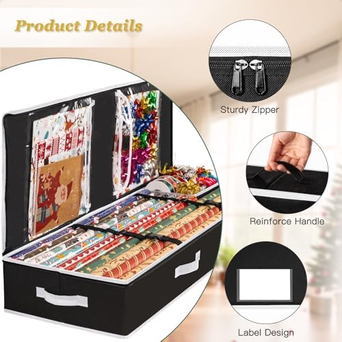 Criusia Gift Wrapping Paper Organizer Storage, Durable Underbed Storage Container Fits 24 Rolls, with Removable Dividers and Pockets for Ribbon, Ornaments, Holiday Accessories, Black