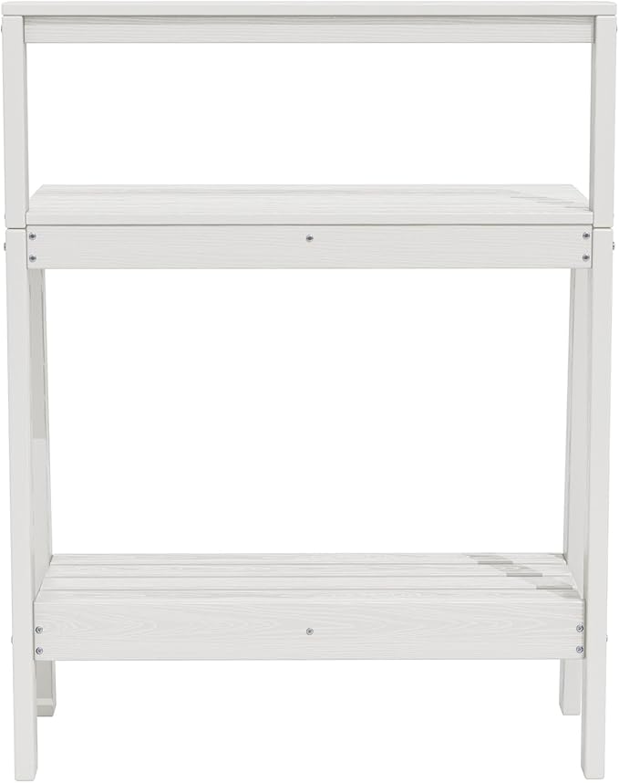 SERWALL Potting Bench Outdoor with Storage, 3-Tier HDPE Gardening Table with Angled Legs & Tool Hooks, All-Weather Heavy Duty Potting Table for Patio, Backyard, Garden,White