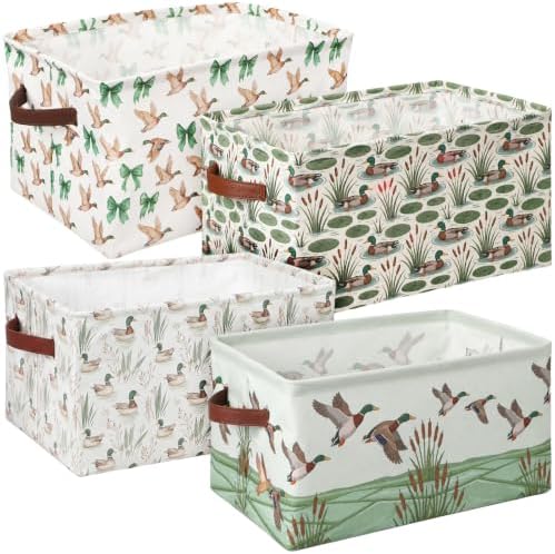 Boao 4 Pack Mallard Duck Storage Baskets Empty Collapsible Laundry Storage Bins with Handles Foldable Boxes for Home Bedroom Office Holiday Toy Clothes Containers